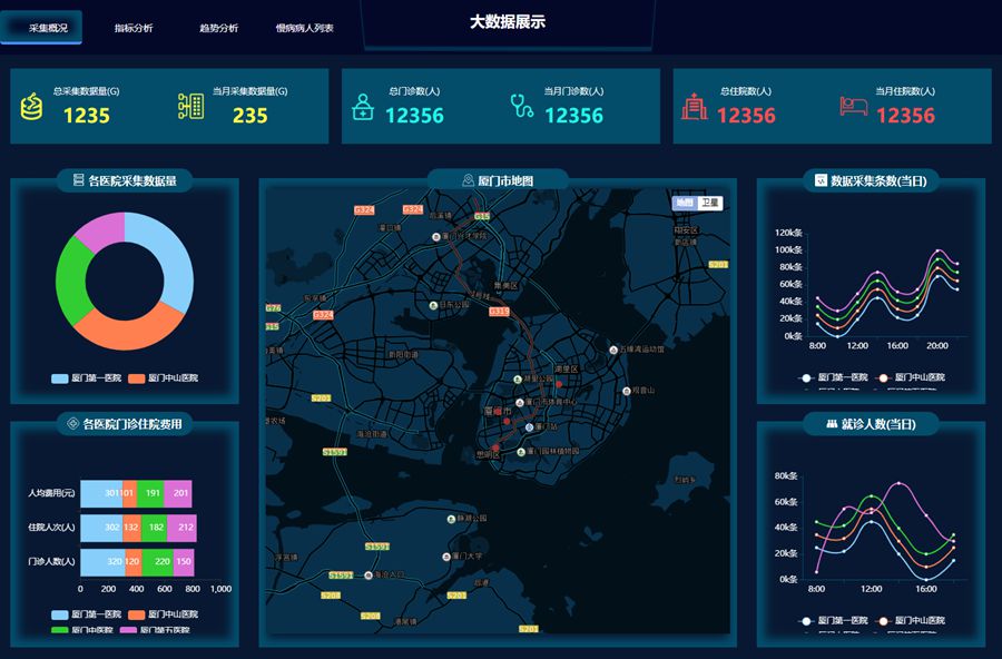 Echarts医院门诊信息采集数据可视化大屏模板